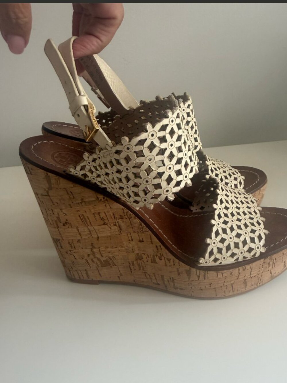 Tory Burch Daisy Floral Perforated Cork Wedge Sandals, Size 8.5